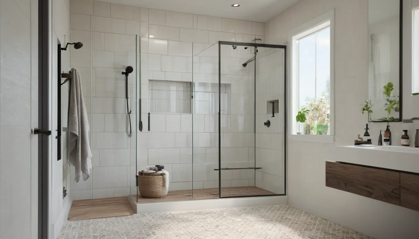 Bright, accessible walk-in shower with a built-in bench and grab bar in a Grafton home
